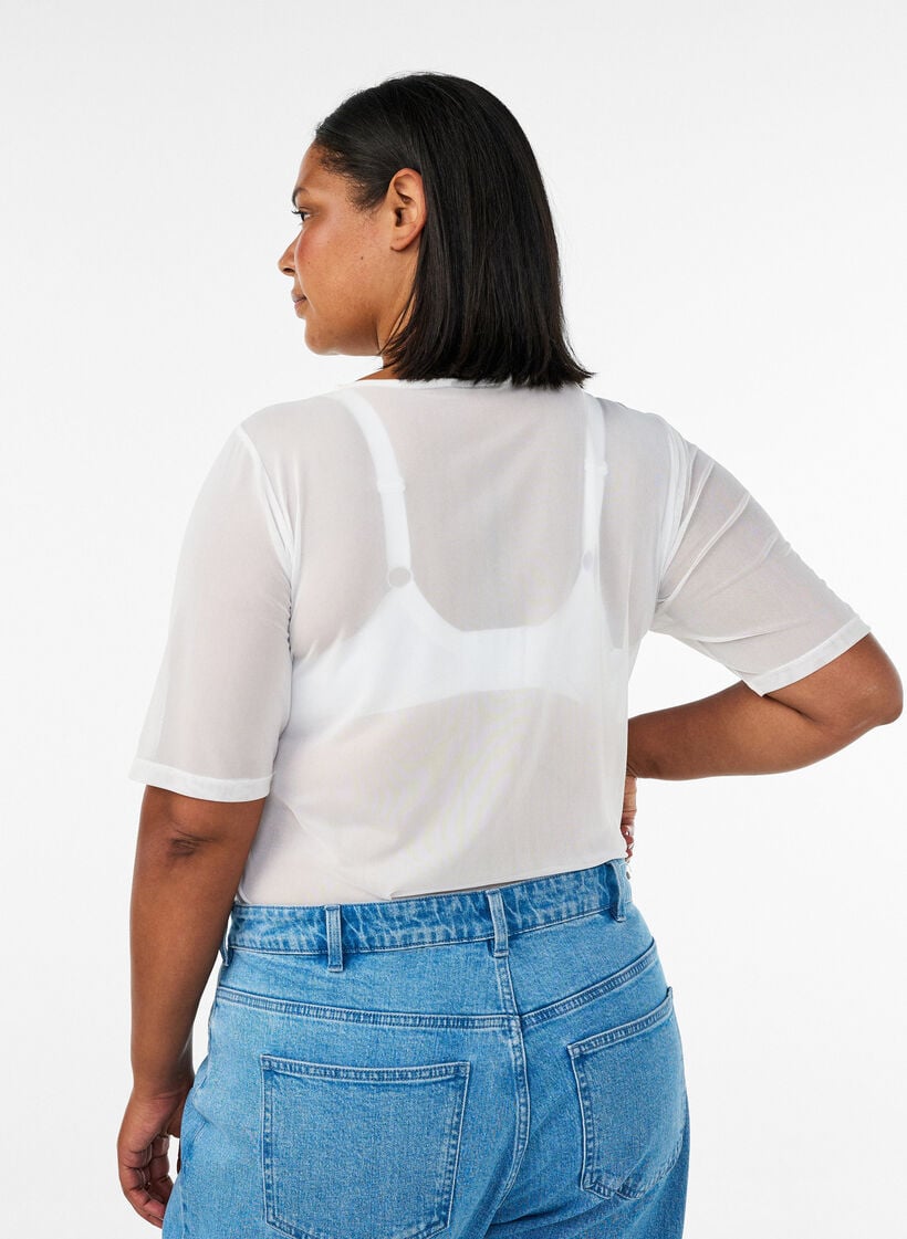 Topp i mesh med korta &auml;rmar och rund hals, Vanilla, Model image number 2