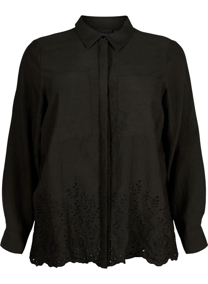 Viskosskjorta med Broderie anglaise, Black, Packshot image number 0