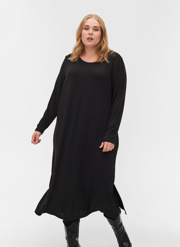 Enfärgad klänning med långa ärmar och slits, Black, Model image number 0