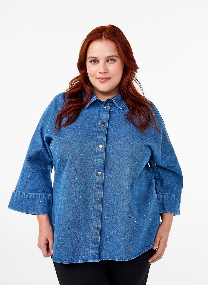 Denimskjorta med strass och trekvartsärmar, Bl. Denim Rhinestone, Model image number 0