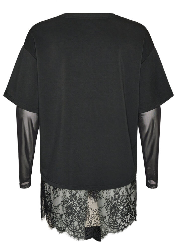 Blus med &auml;rmar i mesh och spetskant, Svart, Packshot image number 1