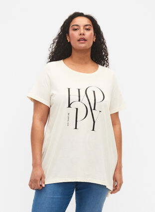 T-shirt i bomull med texttryck, Buttercream HAPPY, Model image number 0