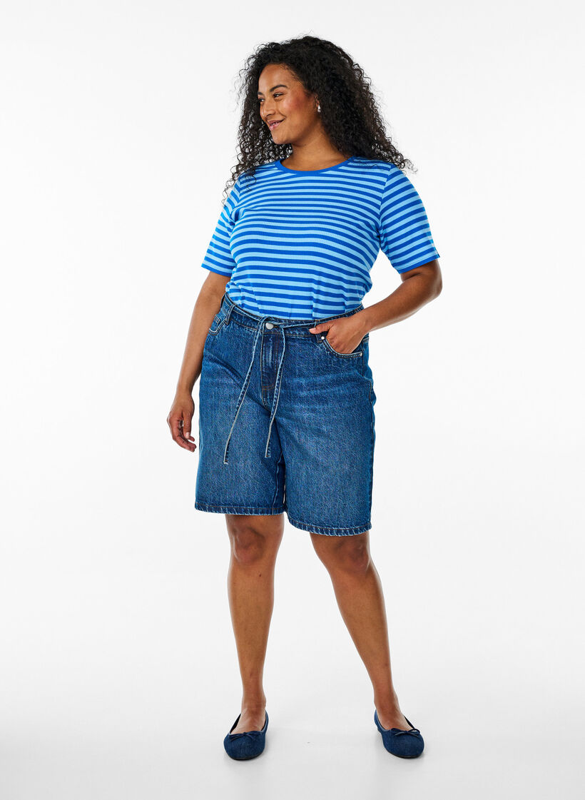 Randig t-shirt med ribbad struktur, Blå, Model image number 1