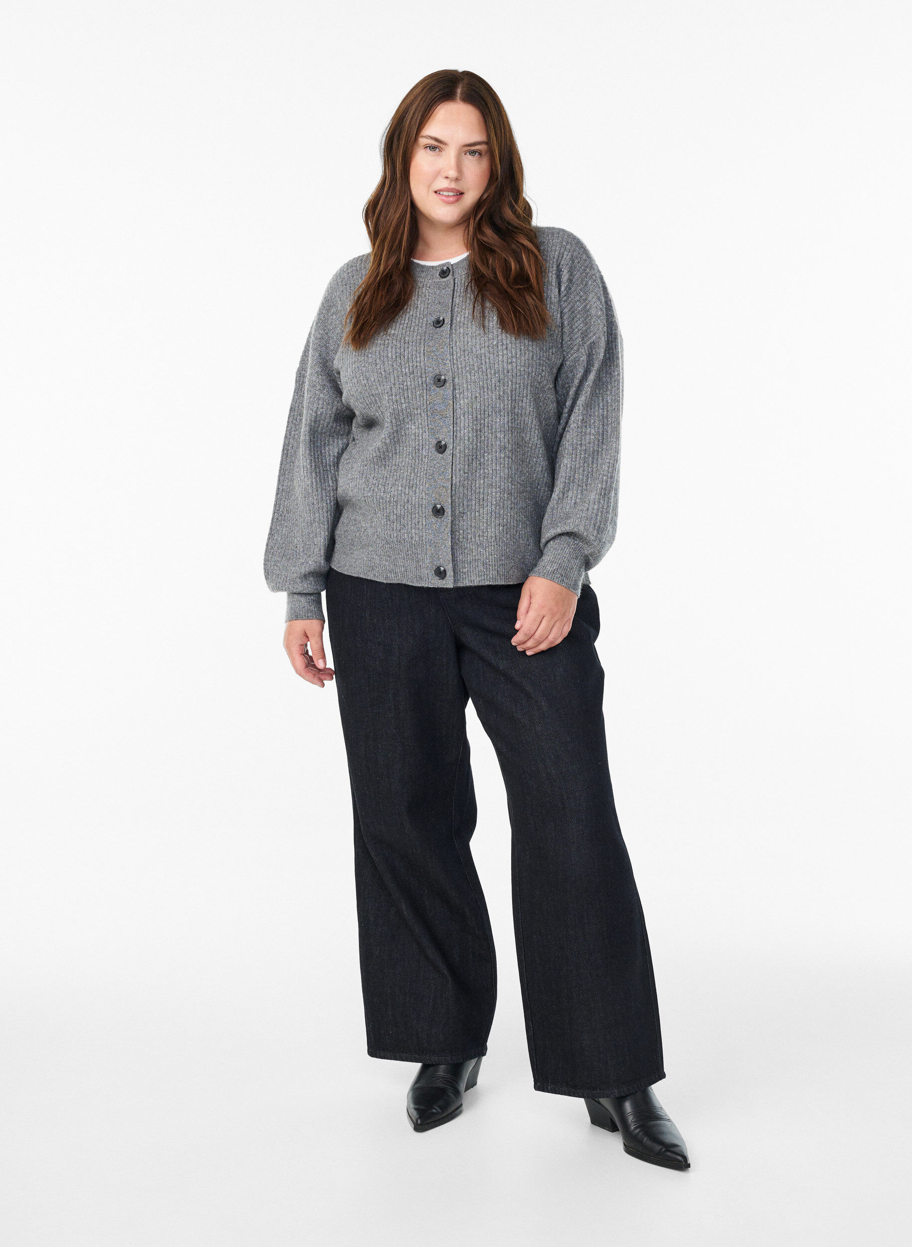 Zizzi Ribbstickad kofta med knappar, Gr&aring;, Model image number 1