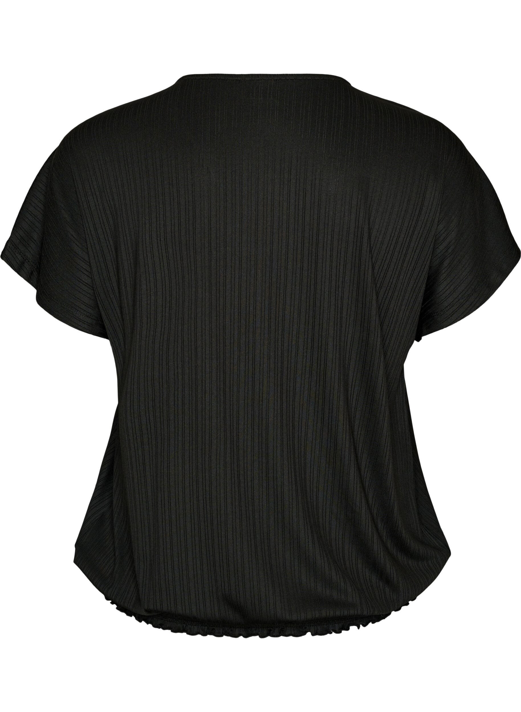 ZizziBlus i jersey med texturerade r&auml;nder och smock i nederkanten, Svart, Packshot image number 1