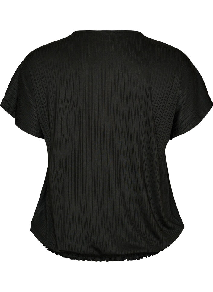 Blus i jersey med texturerade r&auml;nder och smock i nederkanten, Svart, Packshot image number 1