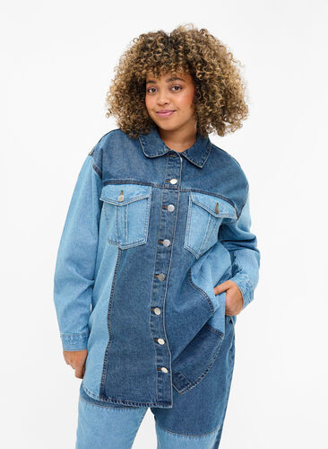 Colorblock jeansjacka, Light Blue Denim, Model image number 0