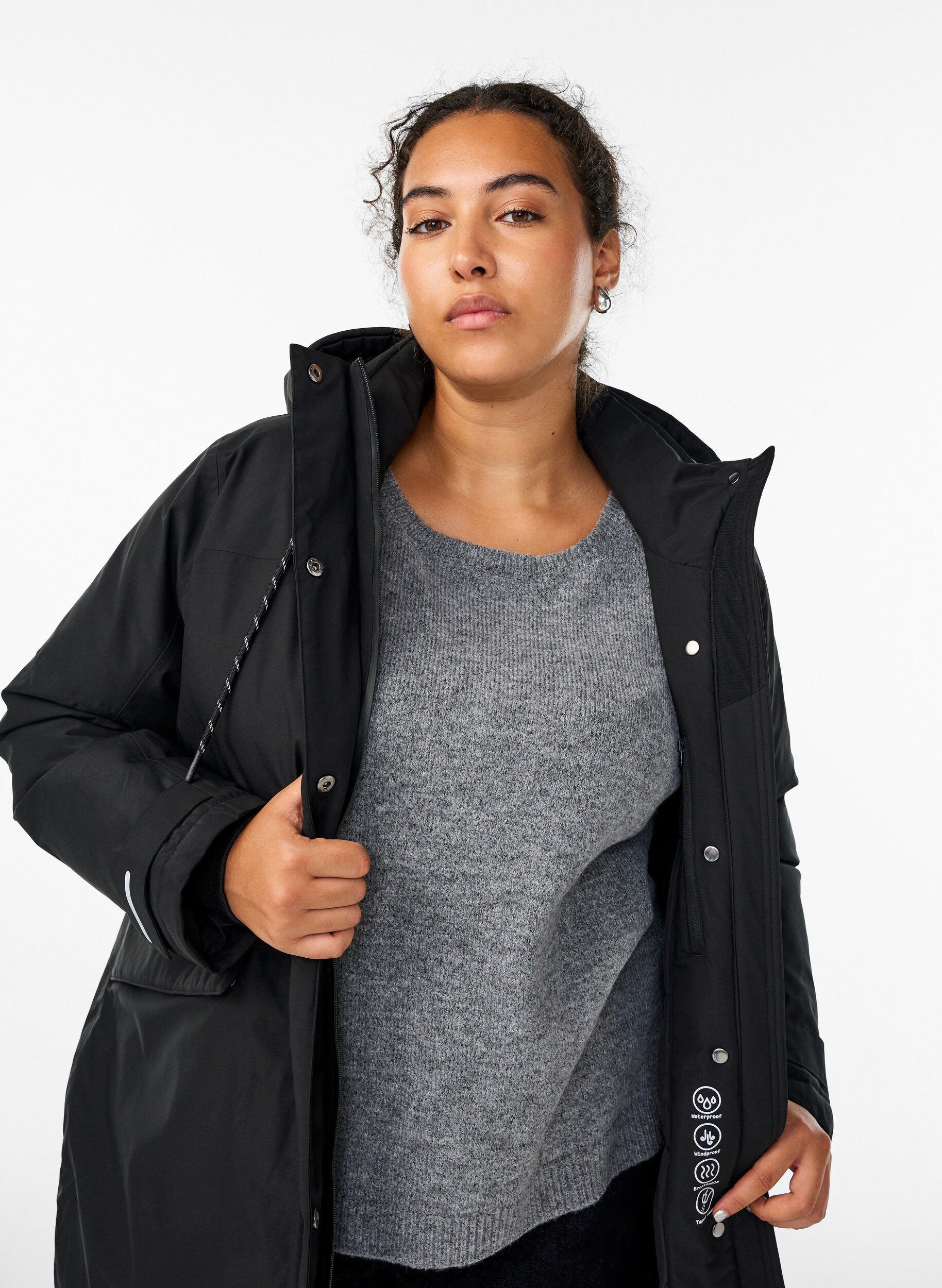 Zizzi Vattenavvisande parkas med huva och funktionella detaljer, Svart, Model image number 3