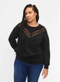 Sweatshirt med volang och virkad detalj, Black, Model