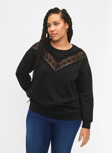 Sweatshirt med volang och virkad detalj, Black, Model image number 0
