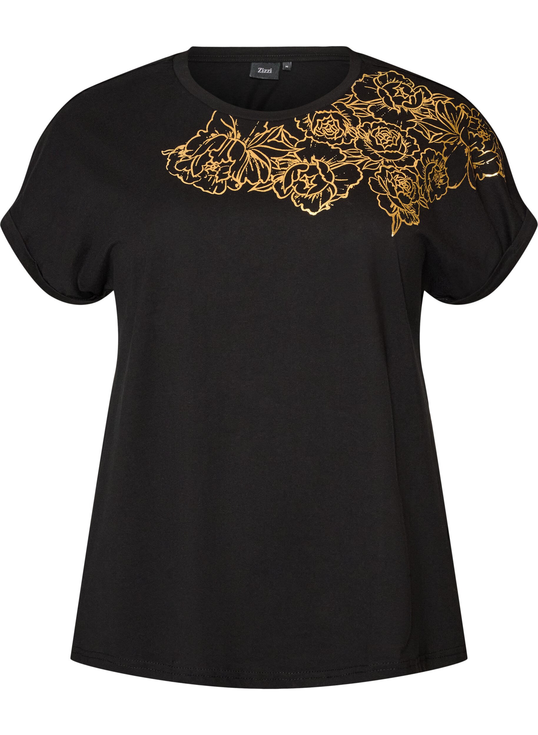 ZizziT-shirt i bomull med blommigt m&ouml;nster, Svart, Packshot image number 0