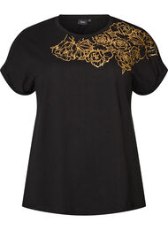 T-shirt i bomull med blommigt m&ouml;nster, Svart