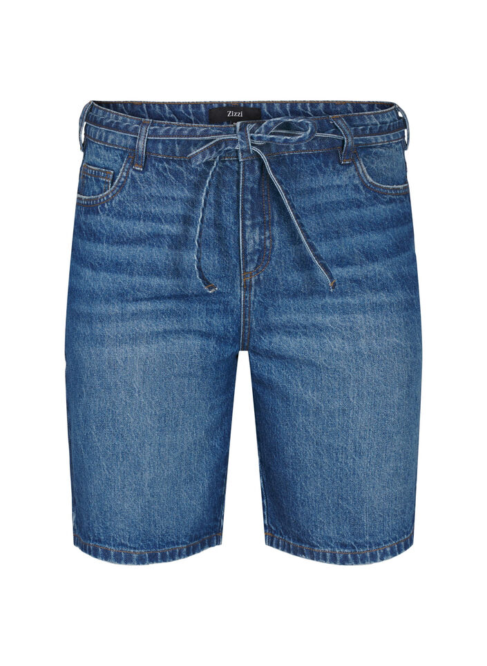 Figurn&auml;ra jeansshorts med knytsk&auml;rp, Bl&aring;, Packshot