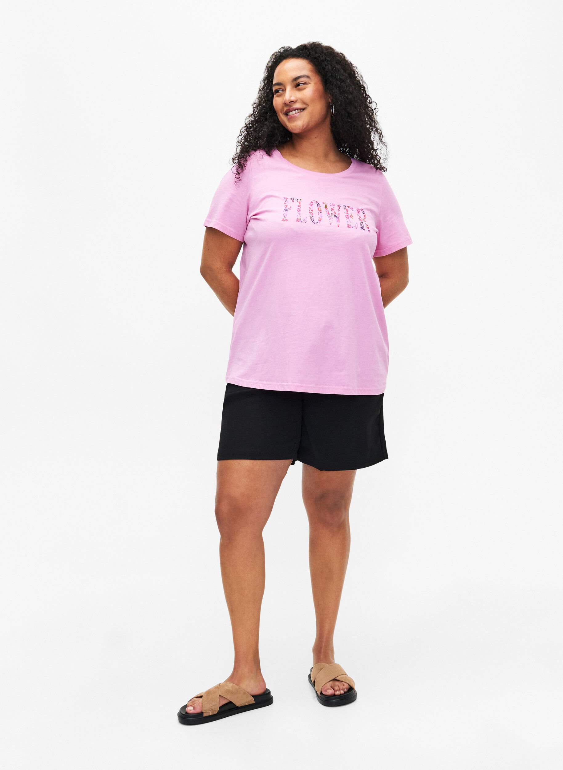 Zizzi T-shirt i bomull med texttryck, Rosebloom w. Flower, Model image number 2