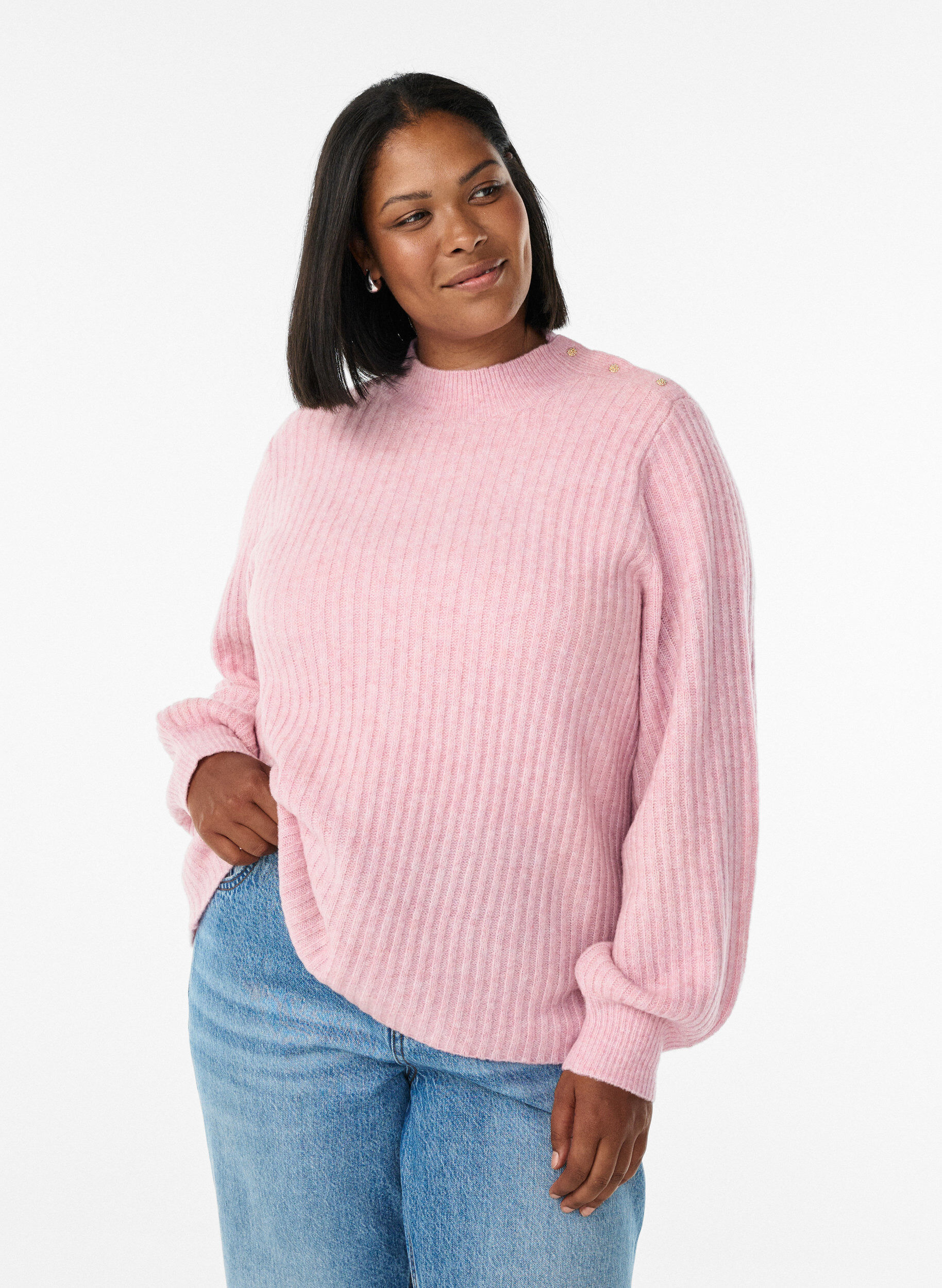 ZizziRibbstickad tr&ouml;ja med puff&auml;rmar och knappar, Rosa, Model image number 0
