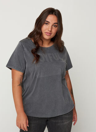 T-shirt i bomull med nitar och smock, Grey Wash, Model image number 0