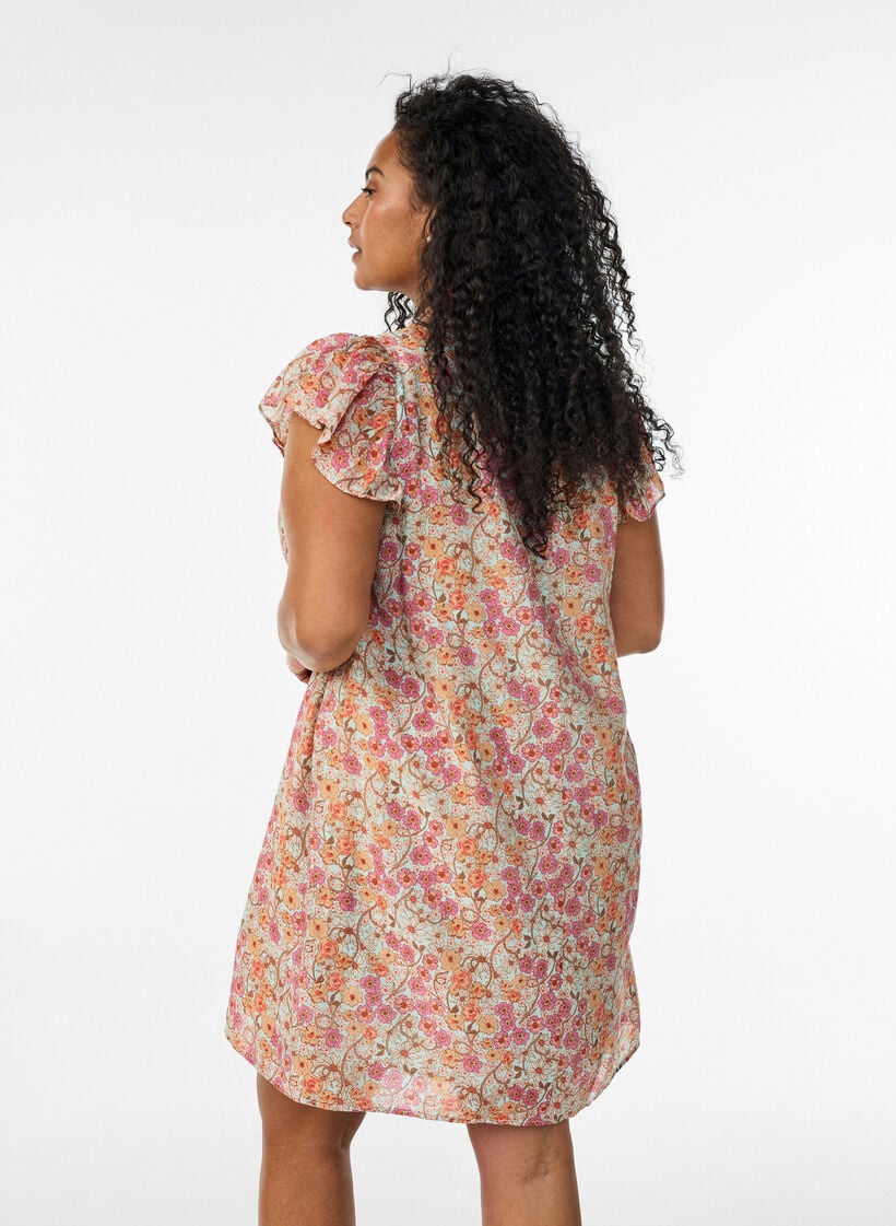 Kort kl&auml;nning i viskos med smock och blommigt m&ouml;nster, Orange, Model image number 2