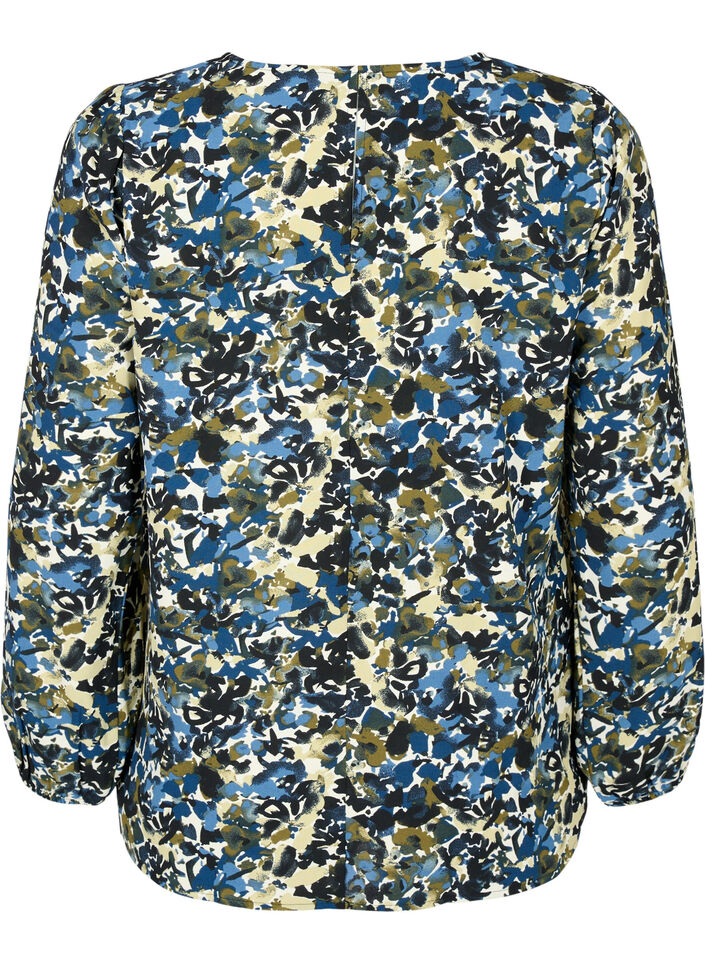 Blus med puffärm, Blue Green AOP, Packshot image number 1