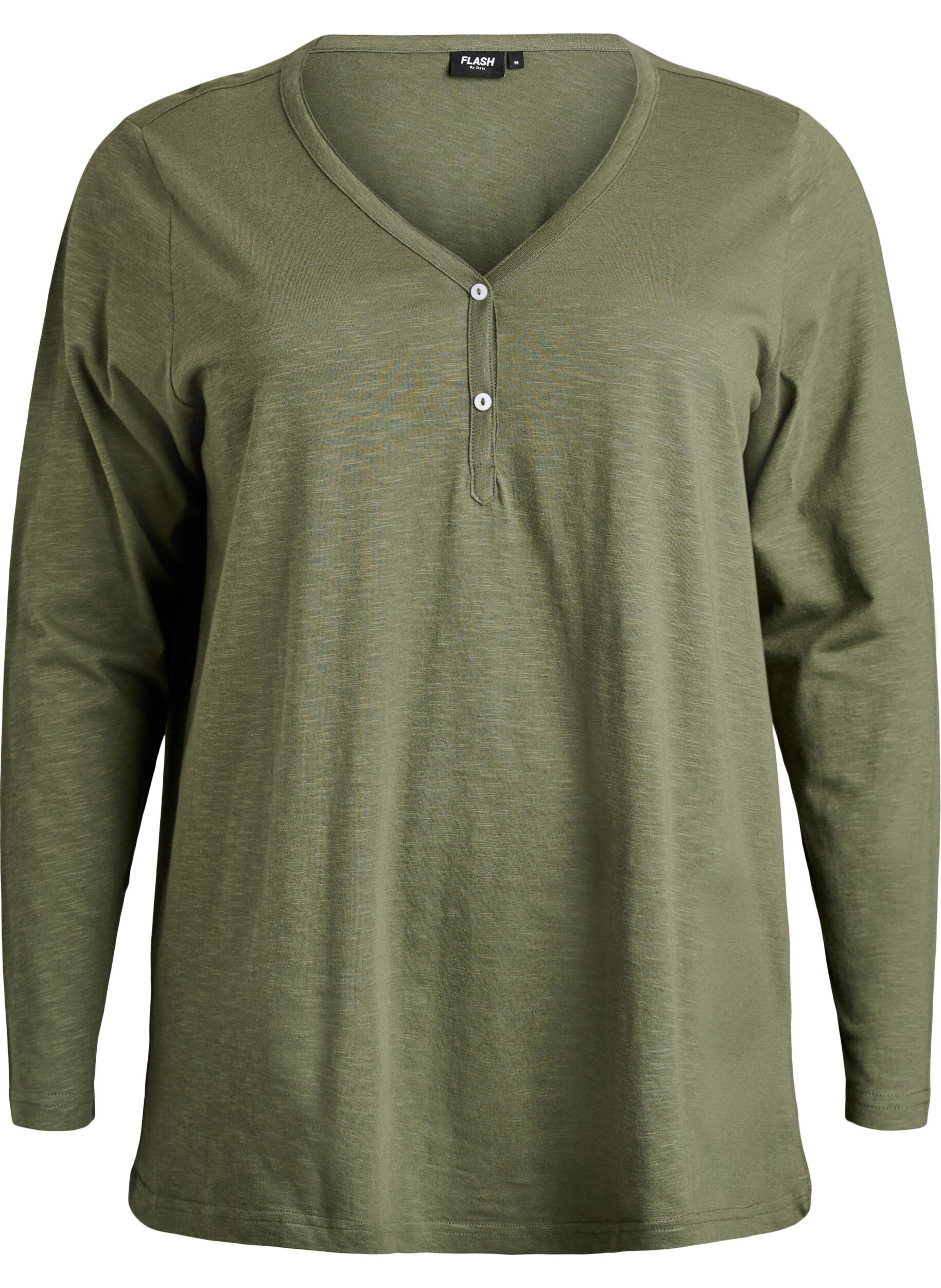 ZizziL&aring;ng&auml;rmad t-shirt med v-ringning och knappar, Gr&ouml;n, Packshot image number 0