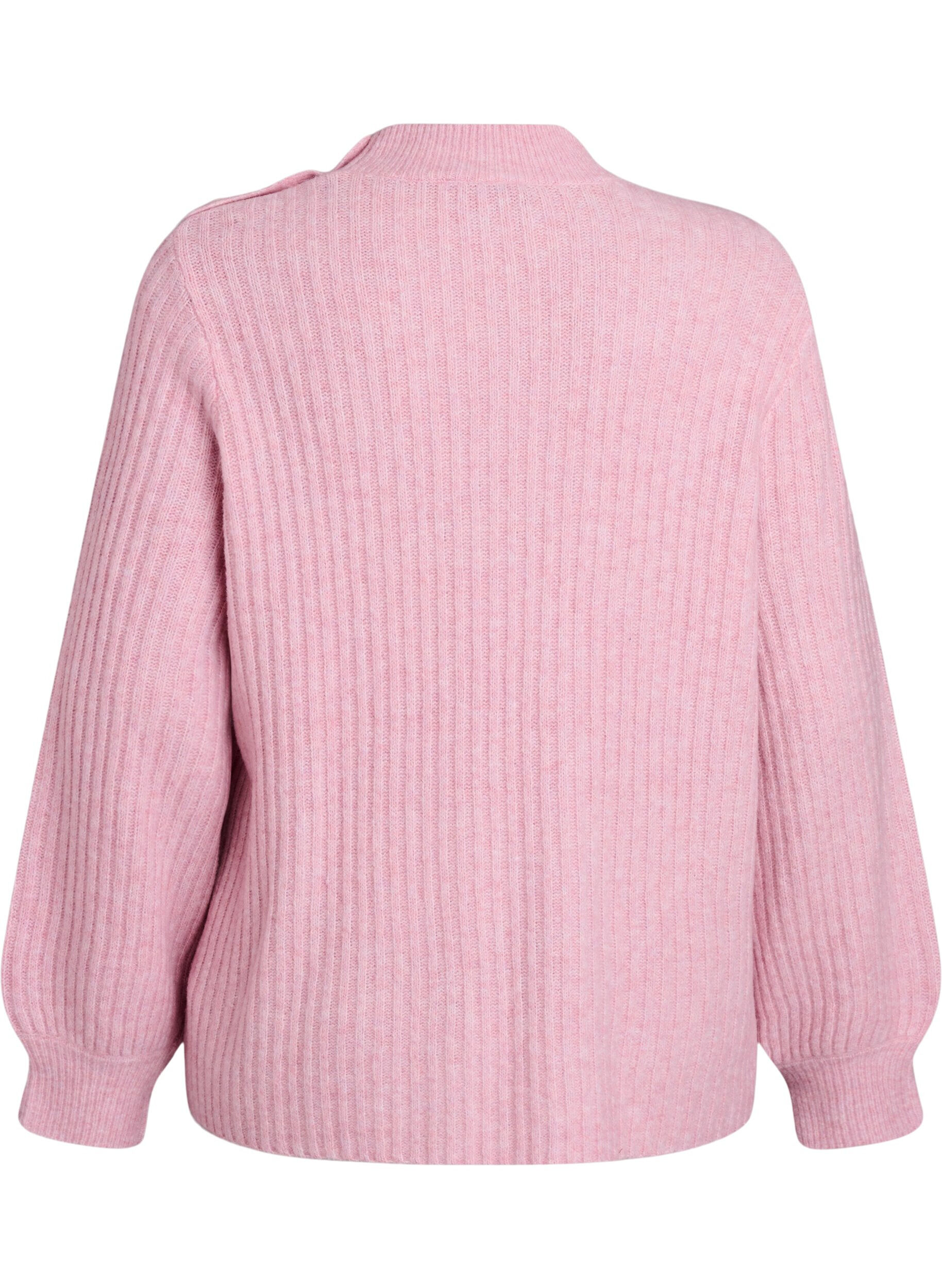 ZizziRibbstickad tr&ouml;ja med puff&auml;rmar och knappar, Rosa, Packshot image number 1