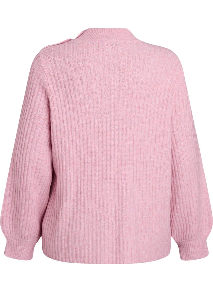 Ribbstickad tr&ouml;ja med puff&auml;rmar och knappar, Rosa, Packshot image number 1