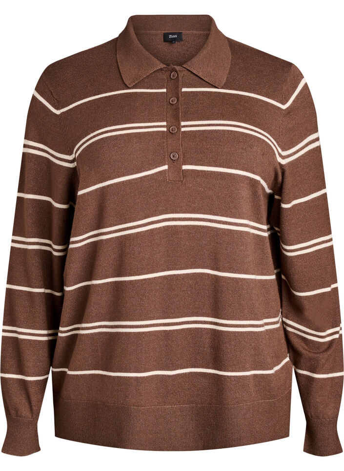 Stickad blus med krage, Brun, Packshot image number 0