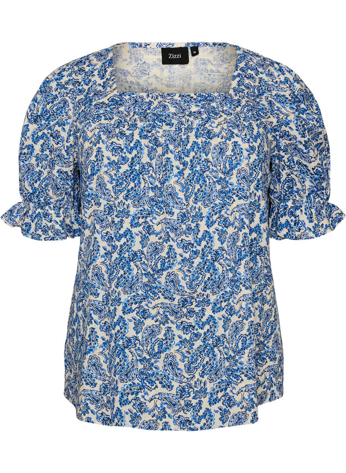 Blus i bomull med fyrkantig ringning, Bl&aring;, Packshot image number 0