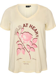 T-shirt i bomull med tryck framtill och v-ringning, Beige