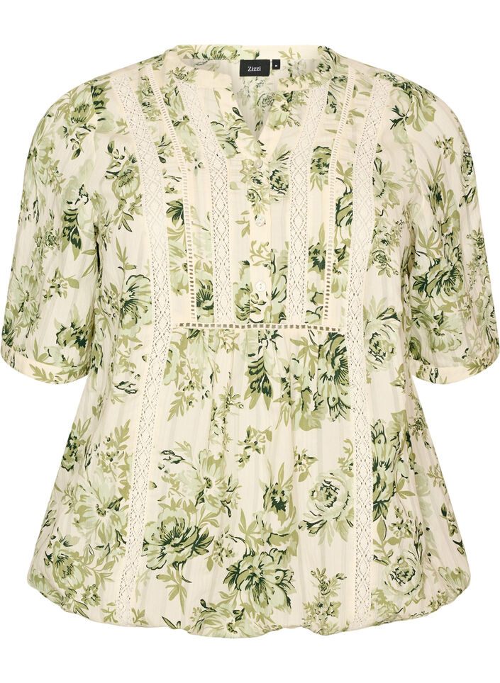 Blus med tryck och halvkorta &auml;rmar, Gr&ouml;n, Packshot image number 0