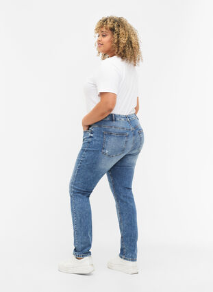 Emily jeans med normal midja och sliten design, Blue denim, Model image number 1