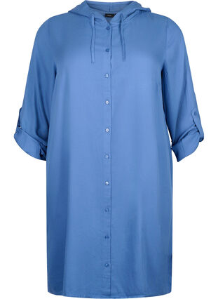 Skjortklänning i viskos med luva och trekvartsärmar, Moonlight Blue, Packshot image number 0