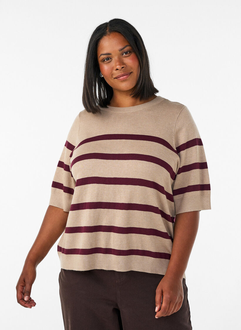 Randig stickad topp med korta &auml;rmar, Beige, Model image number 0