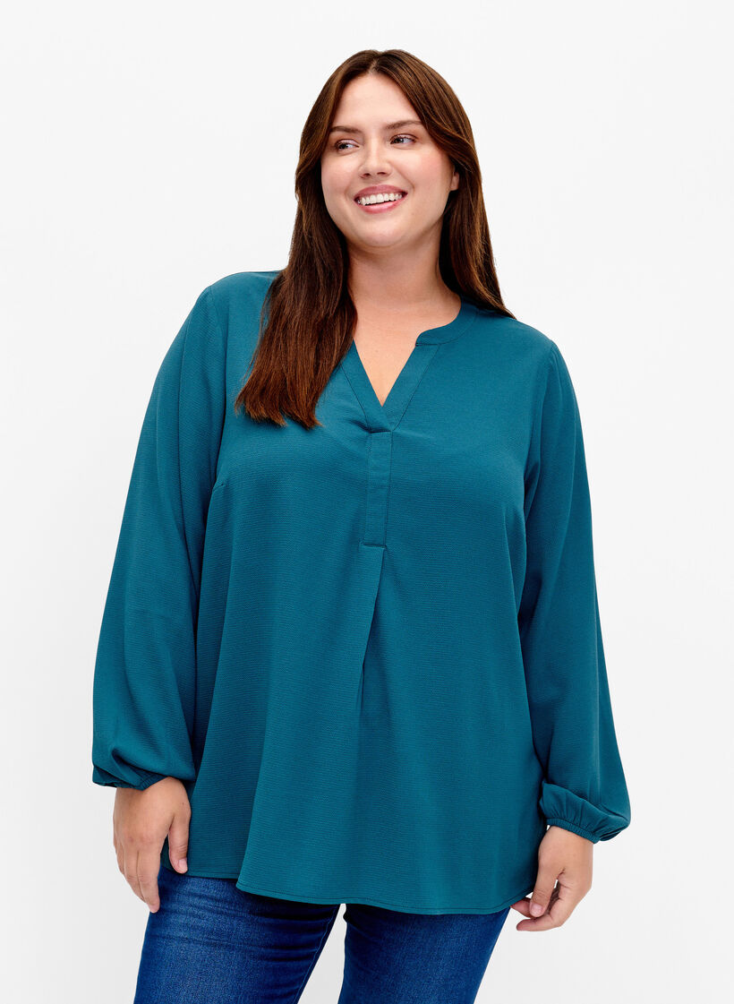 Enfärgad blus med v-hals, Deep Teal, Model image number 0