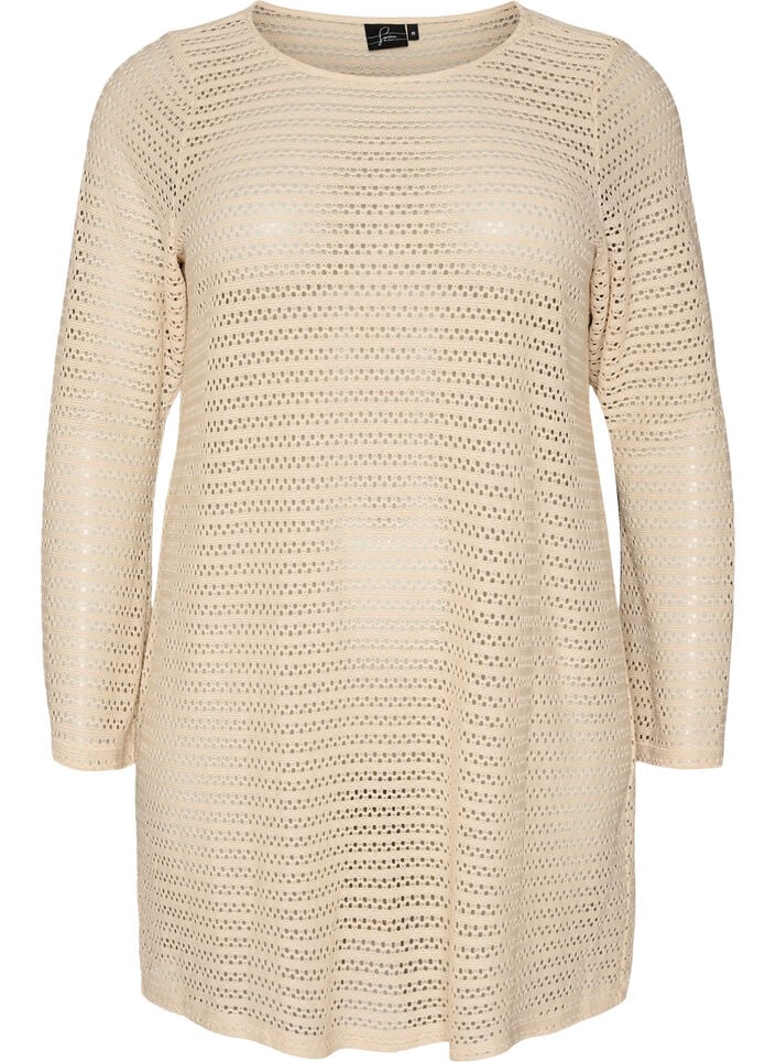 Strandkl&auml;nning med h&aring;lbroderi och l&aring;nga &auml;rmar, Beige, Packshot image number 0