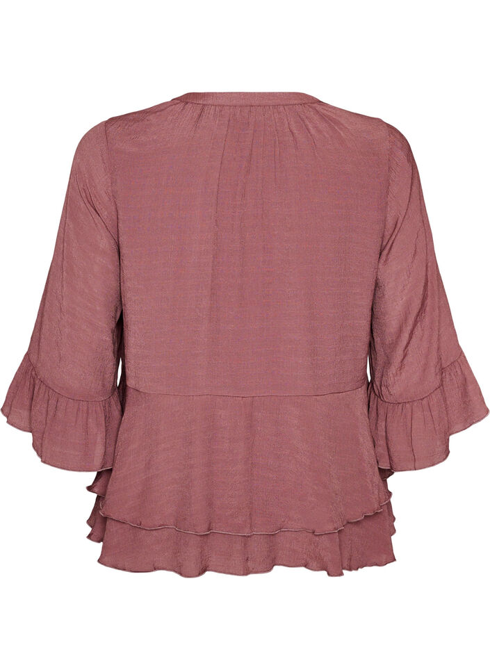 Blus med 3/4-&auml;rmar och volangdetaljer, Rosa, Packshot image number 1