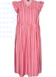 Randig midikl&auml;nning med empirsk&auml;rning och volanger, Rosa