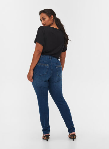 Nille jeans med hög midja och nitar, Medium Blue denim, Model image number 1