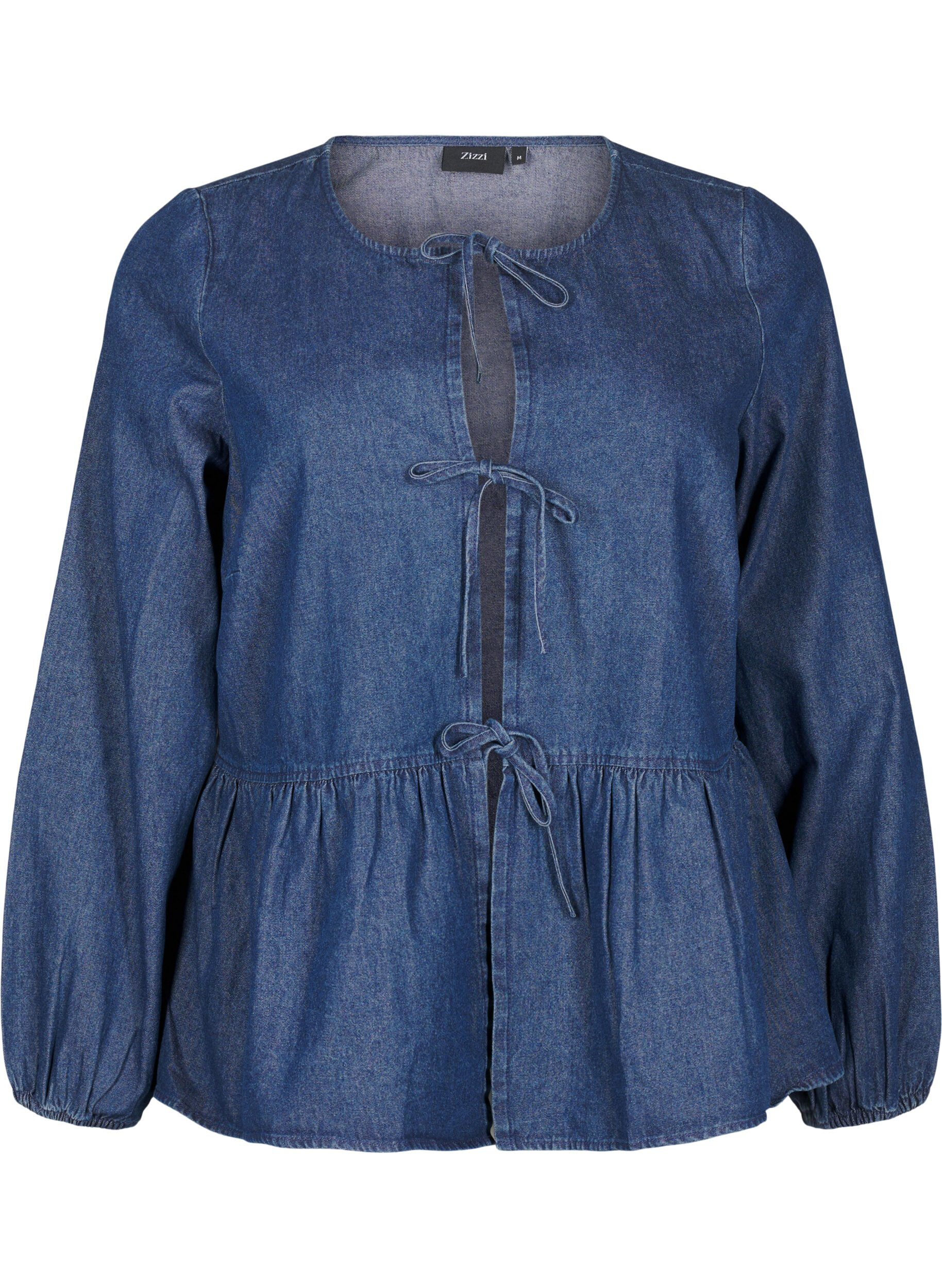 Zizzi Peplum blus i denim med knytband, Bl&aring;, Packshot image number 0