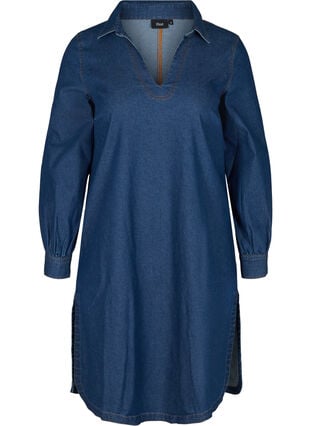 Denimklänning med slits och v-ringning, Blue denim, Packshot image number 0