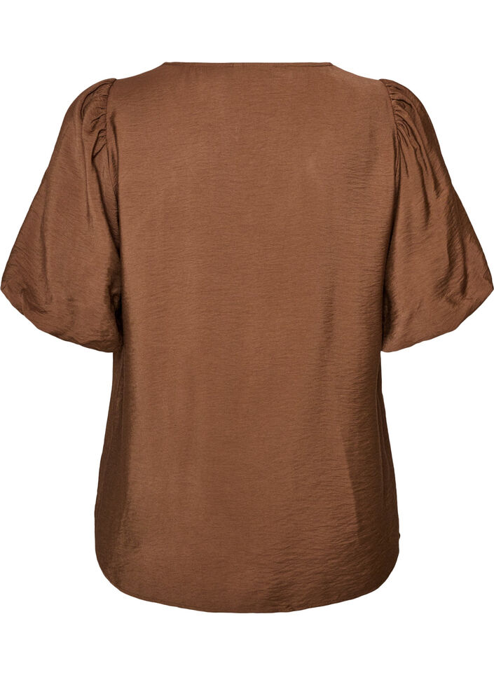 Blus med ballong&auml;rmar och v-ringning, Brun, Packshot image number 1