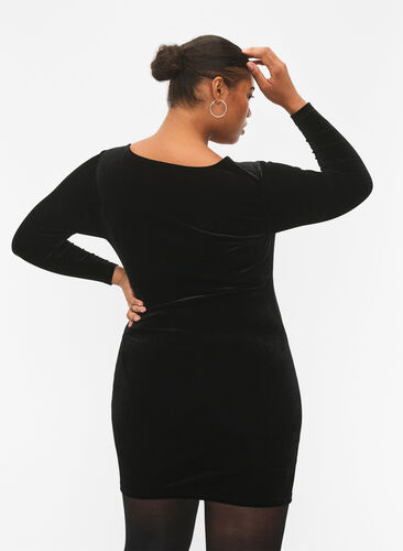 Kort klänning i velour med spetsdetalj, Black, Model image number 1