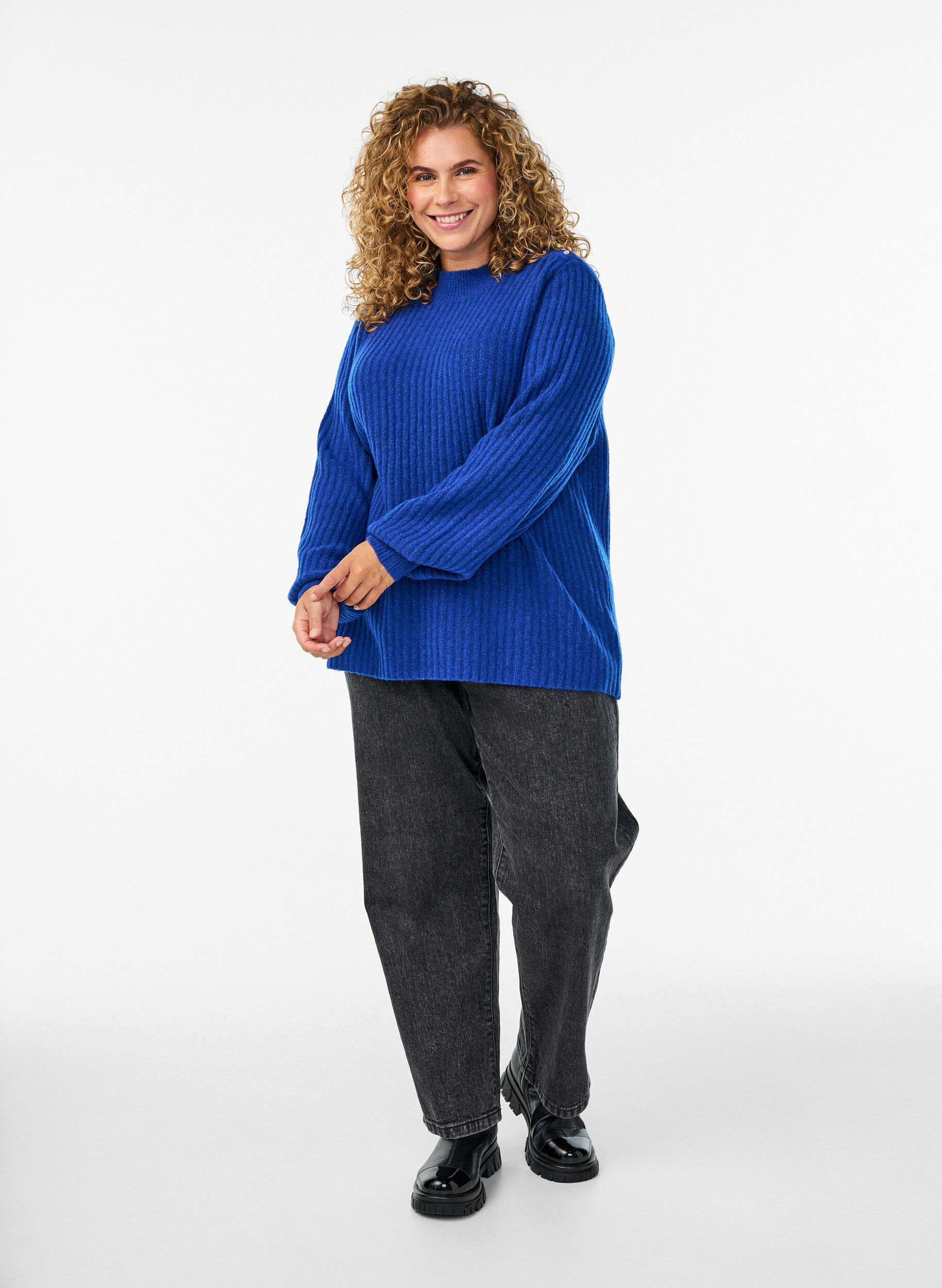 ZizziRibbstickad tr&ouml;ja med puff&auml;rmar och knappar, Bl&aring;, Model image number 1