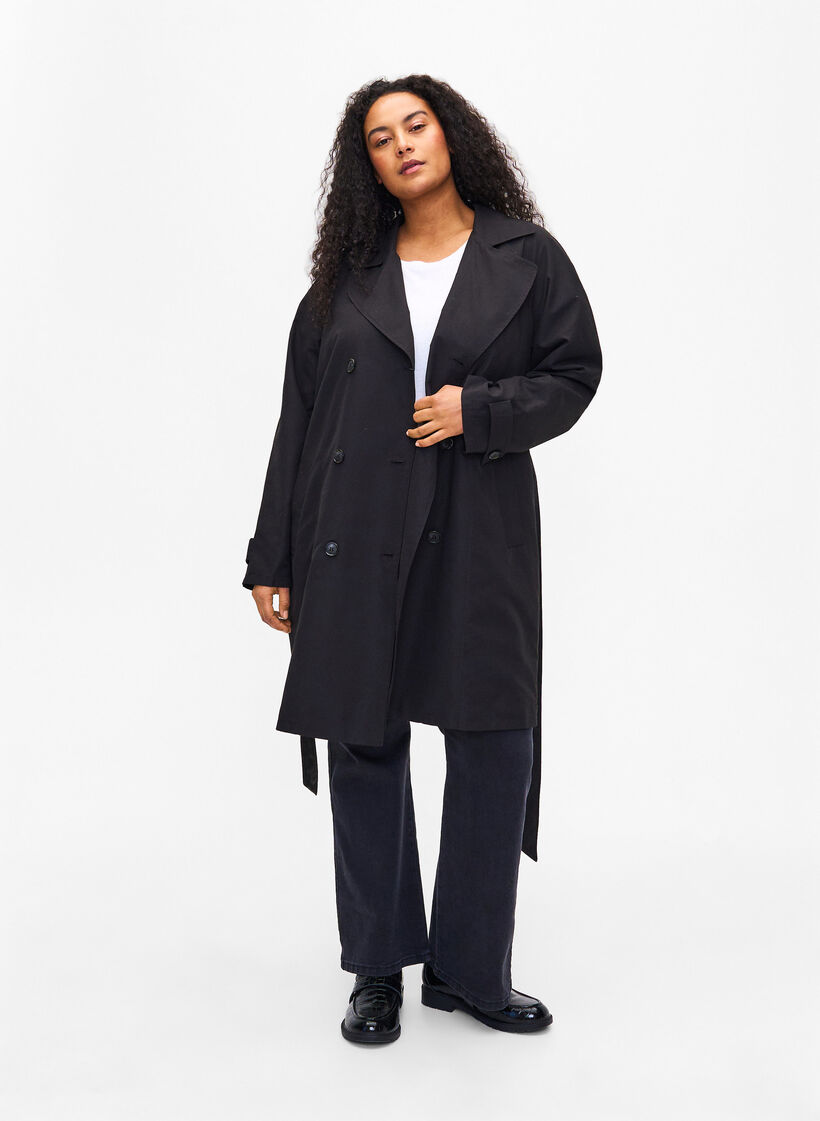 Trenchcoat med bälte och slits, Black, Model image number 3