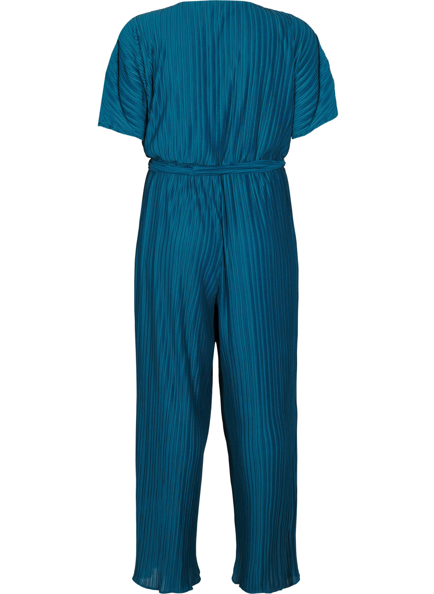 Zizzi Pl&auml;serad jumpsuit med knytsk&auml;rp och vida &auml;rmar, Bl&aring;, Packshot image number 1