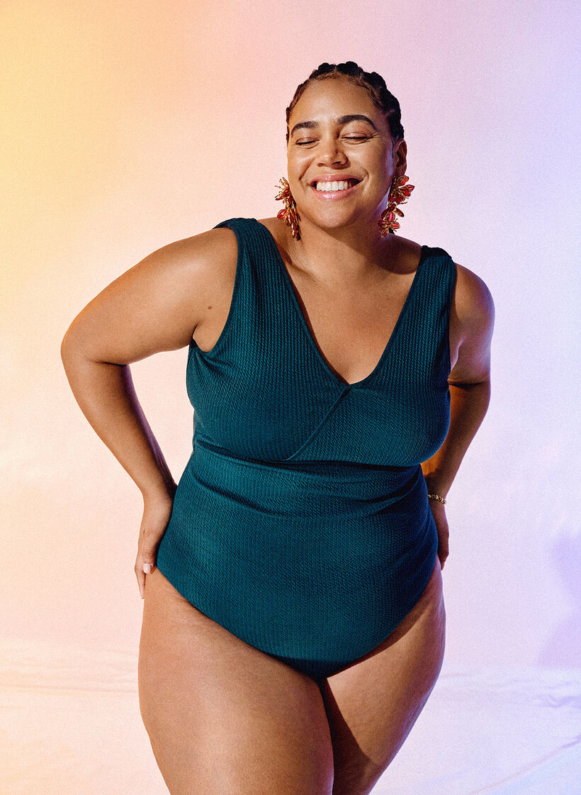 Baddräkt med crepe-struktur och omlott-effekt, Dark Sea, Image image number 1