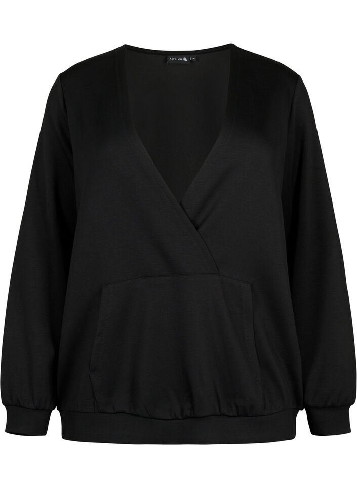 Sweatshirt med V-ringning och ficka, Black, Packshot image number 0