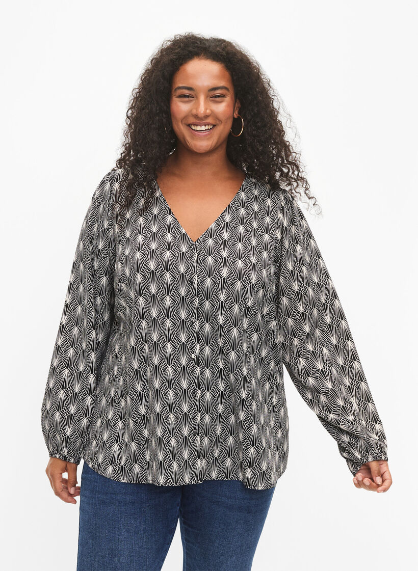 Skjortblus med V-ringning och tryck, Birch Graphic AOP, Model image number 0