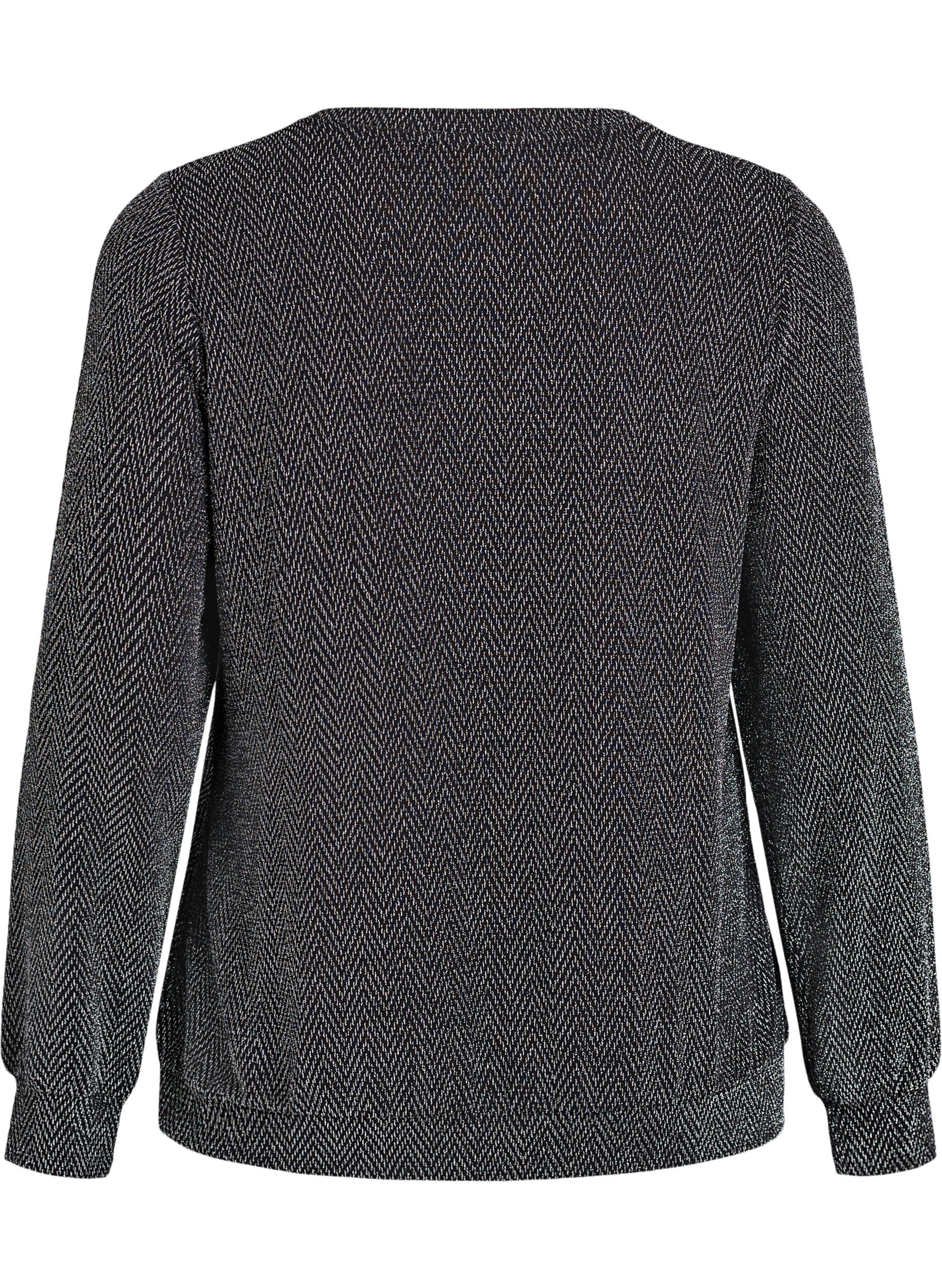 Zizzi Blus med fiskbensm&ouml;nster och glittertr&aring;d, Svart, Packshot image number 1