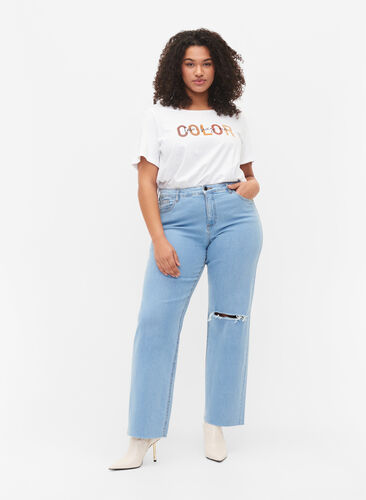 Högmidjade Gemma jeans med hål på knät, Ex Lgt Blue, Model image number 0