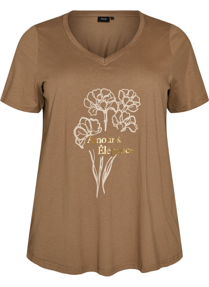 T-shirt i bomull med tryck framtill och v-ringning, Brun, Packshot image number 0